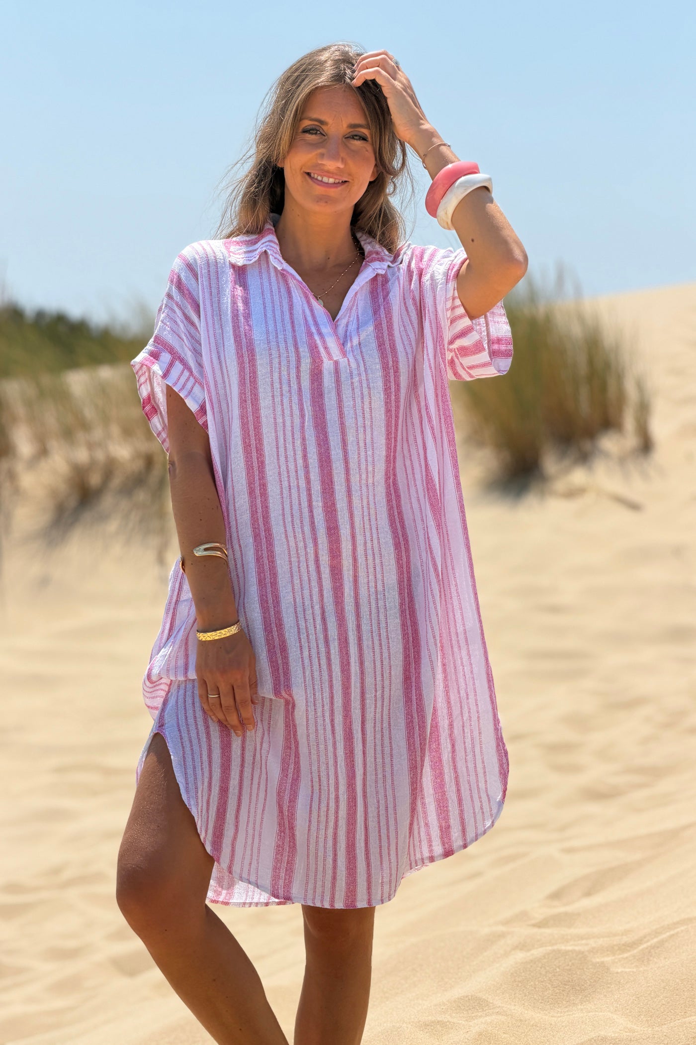 Robe en coton motif rayures roses effet pique col v