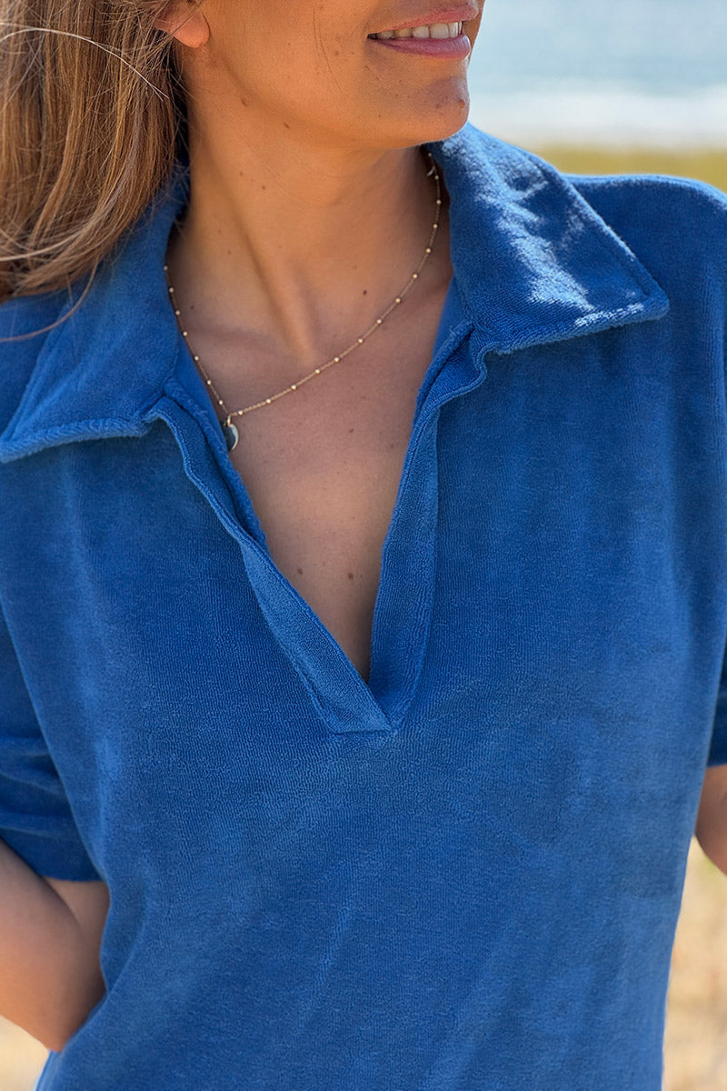 Royal Blue Terry Cloth Collared V-Neck Dress