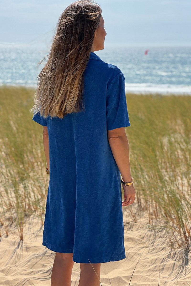 Royal Blue Terry Cloth Collared V-Neck Dress