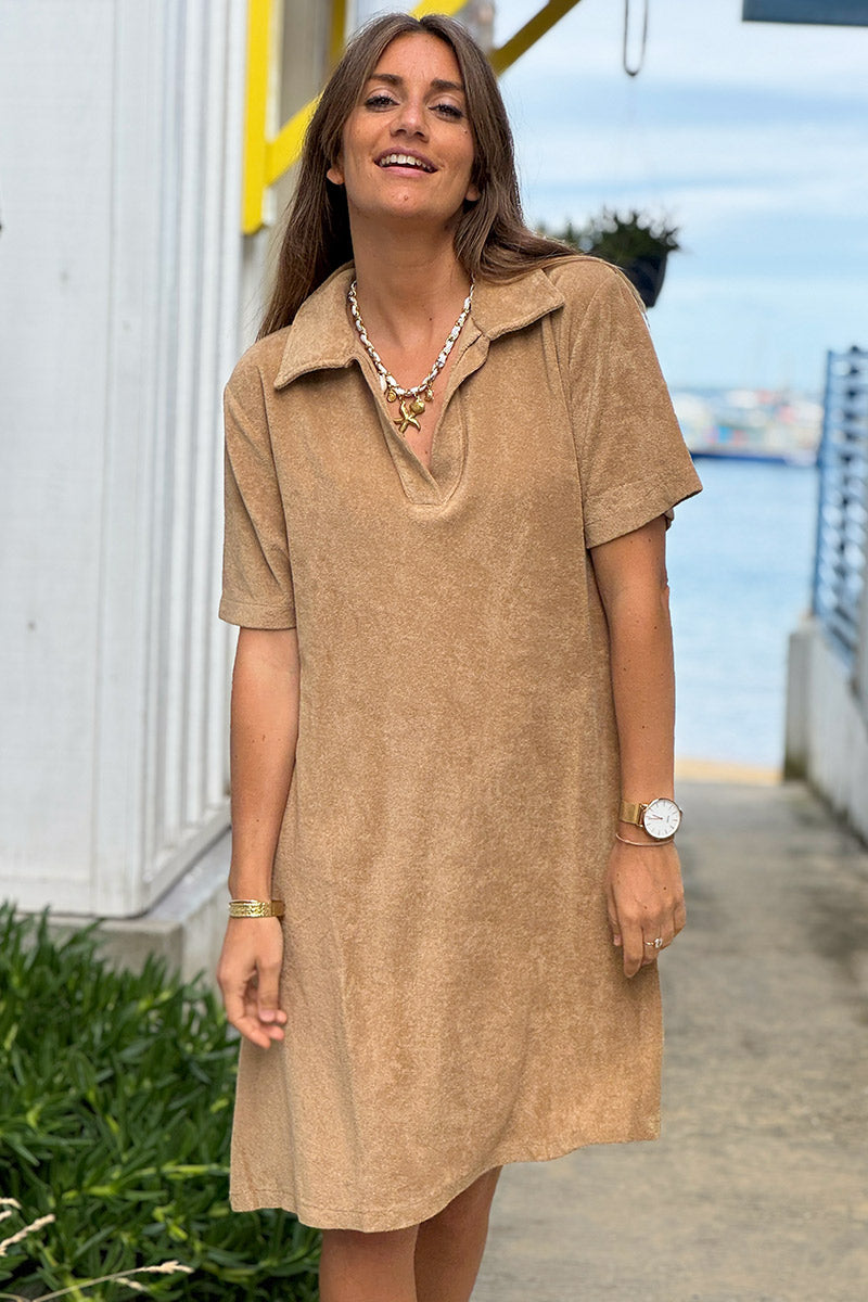 Cafe Terry Cloth Collared V-Neck Dress