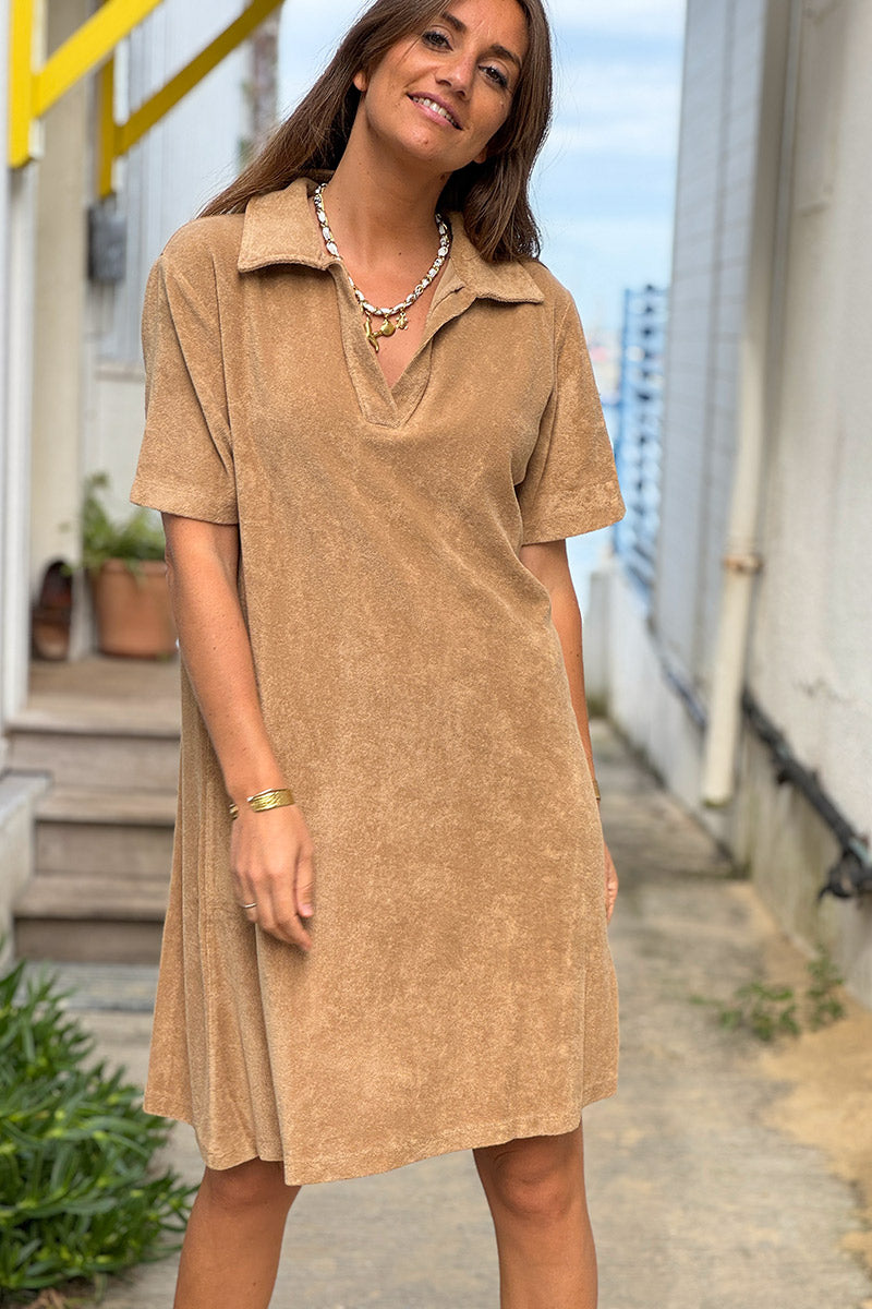 Cafe Terry Cloth Collared V-Neck Dress