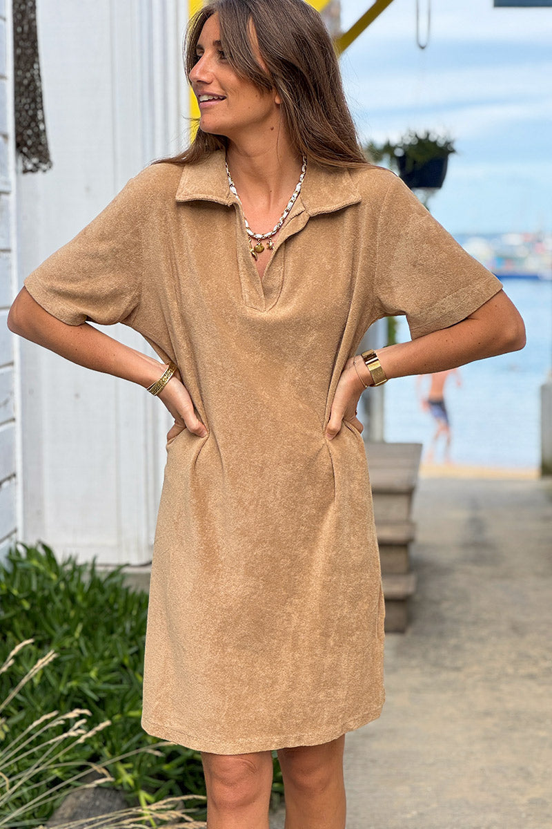 Cafe Terry Cloth Collared V-Neck Dress