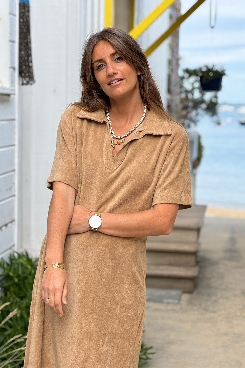 Cafe Terry Cloth Collared V-Neck Dress