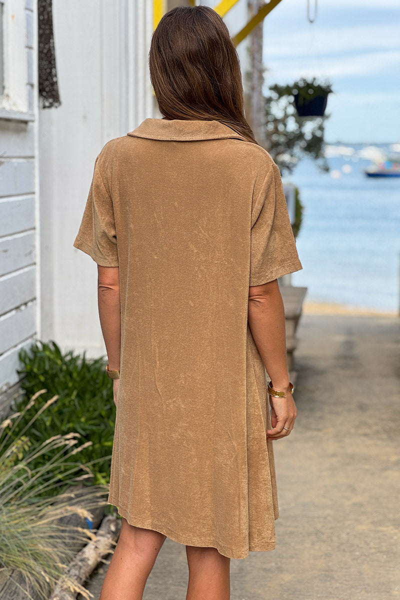 Cafe Terry Cloth Collared V-Neck Dress