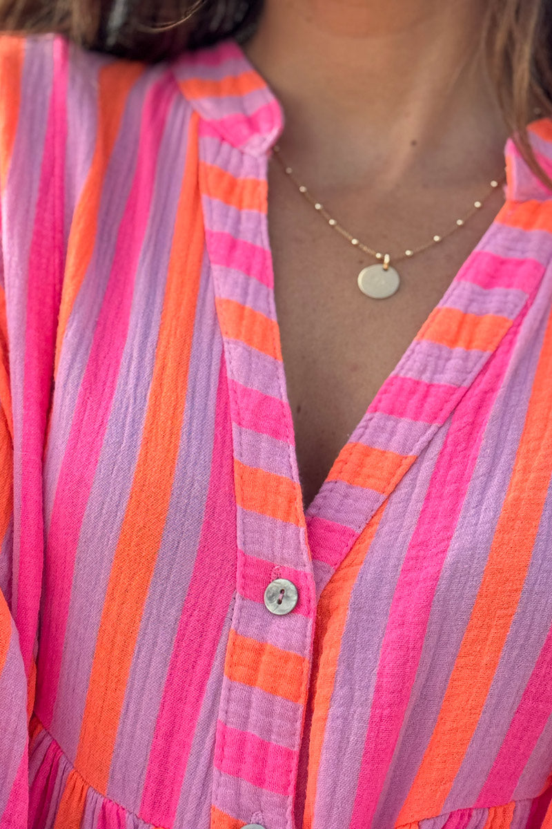 Robe en gaze de coton à volants imprimé rayures rose et orange fluo