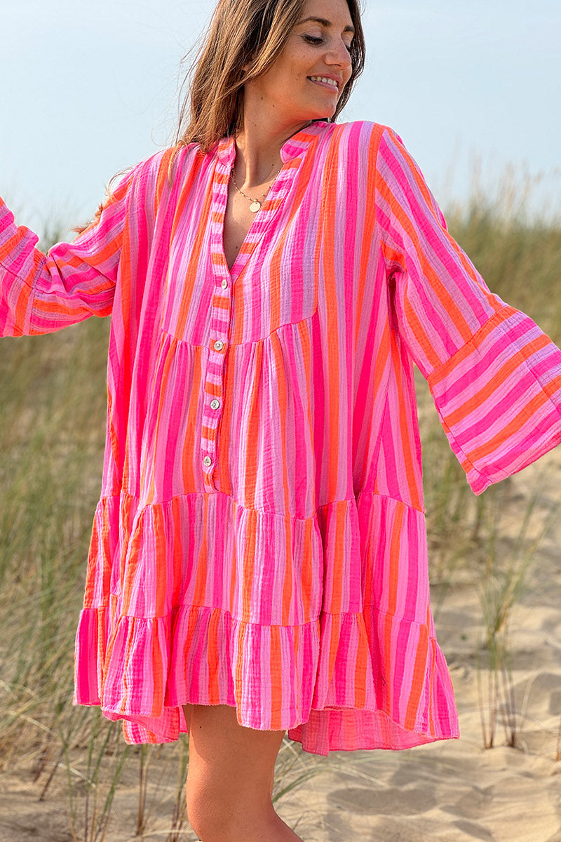 Robe en gaze de coton à volants imprimé rayures rose et orange fluo