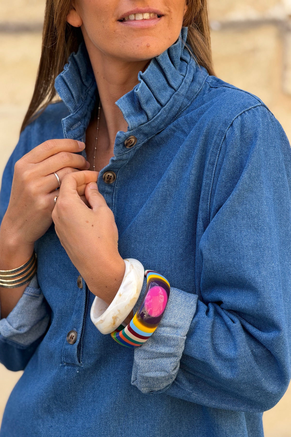 Blue Jean Chambray Ruffled Collar Denim Dress