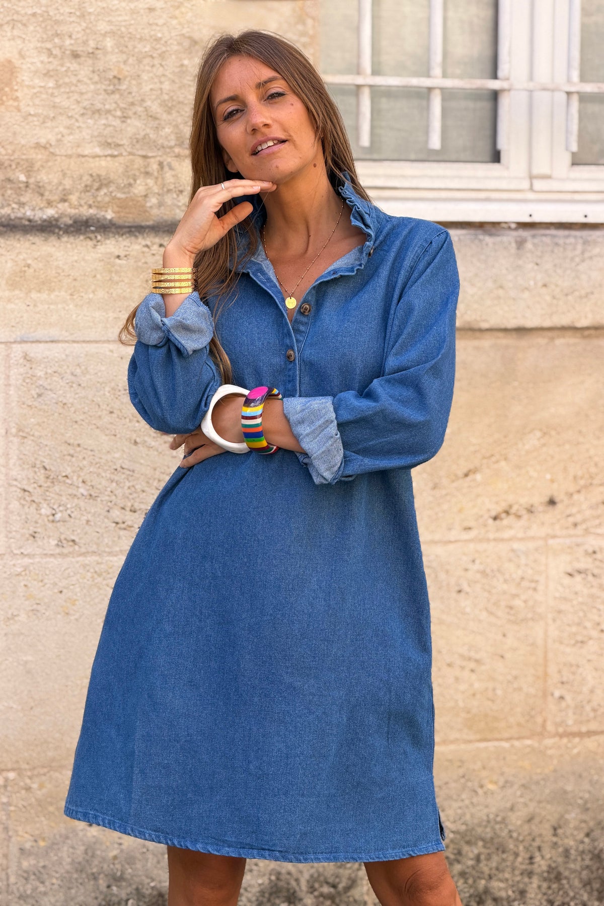 Blue Jean Chambray Ruffled Collar Denim Dress