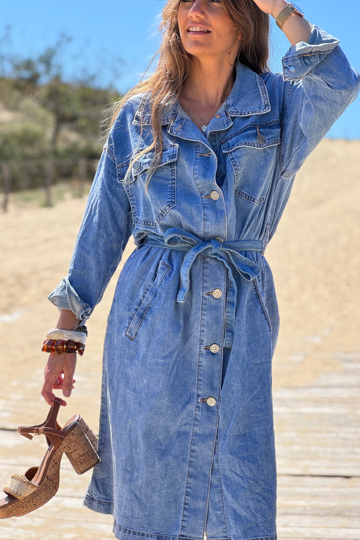 Chambray Denim Belted Dress