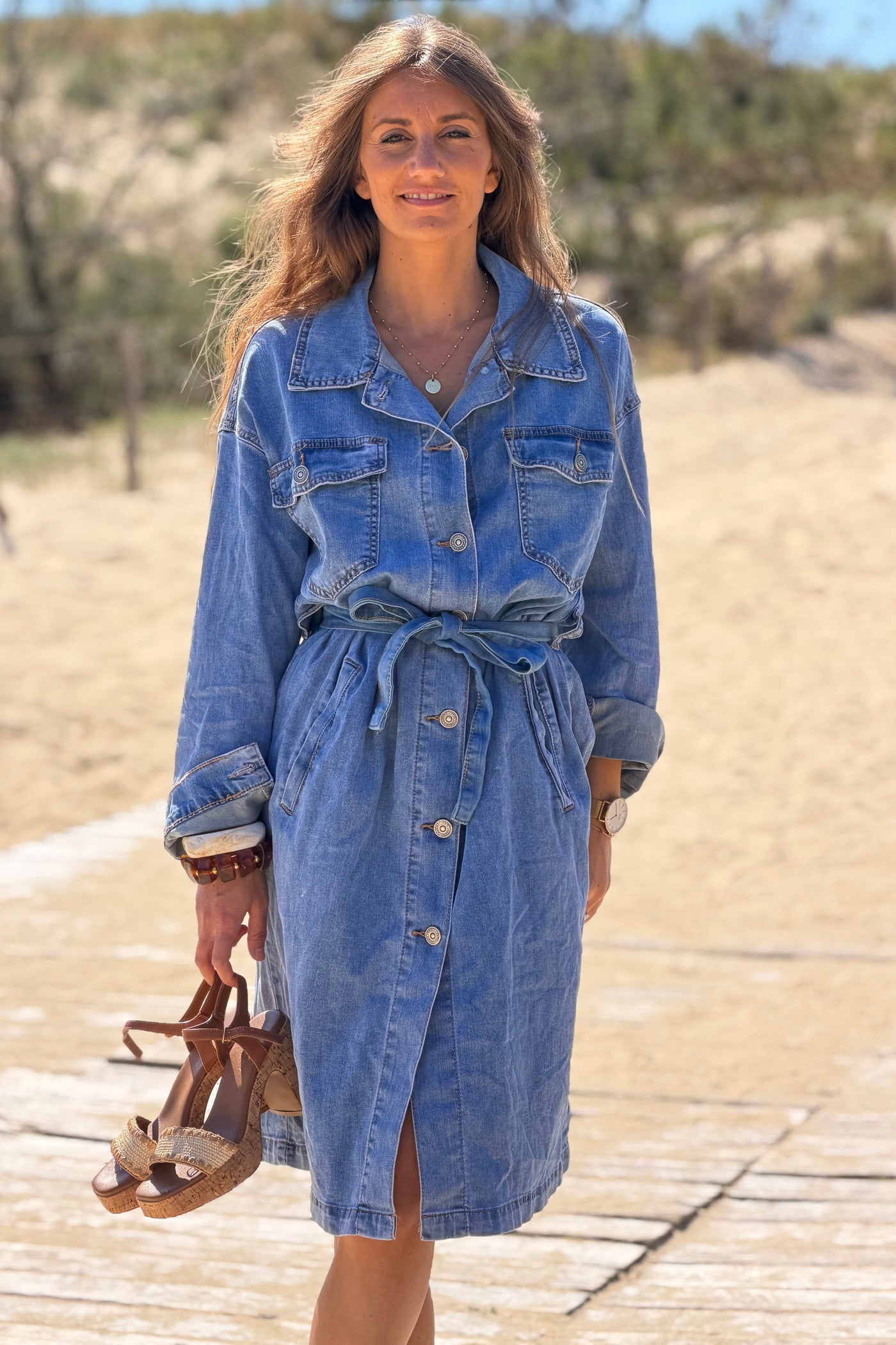 Chambray Denim Belted Dress