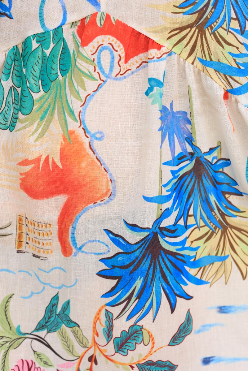 Robe en lin mélangé motifs colorés vacances d'été plage et palmiers