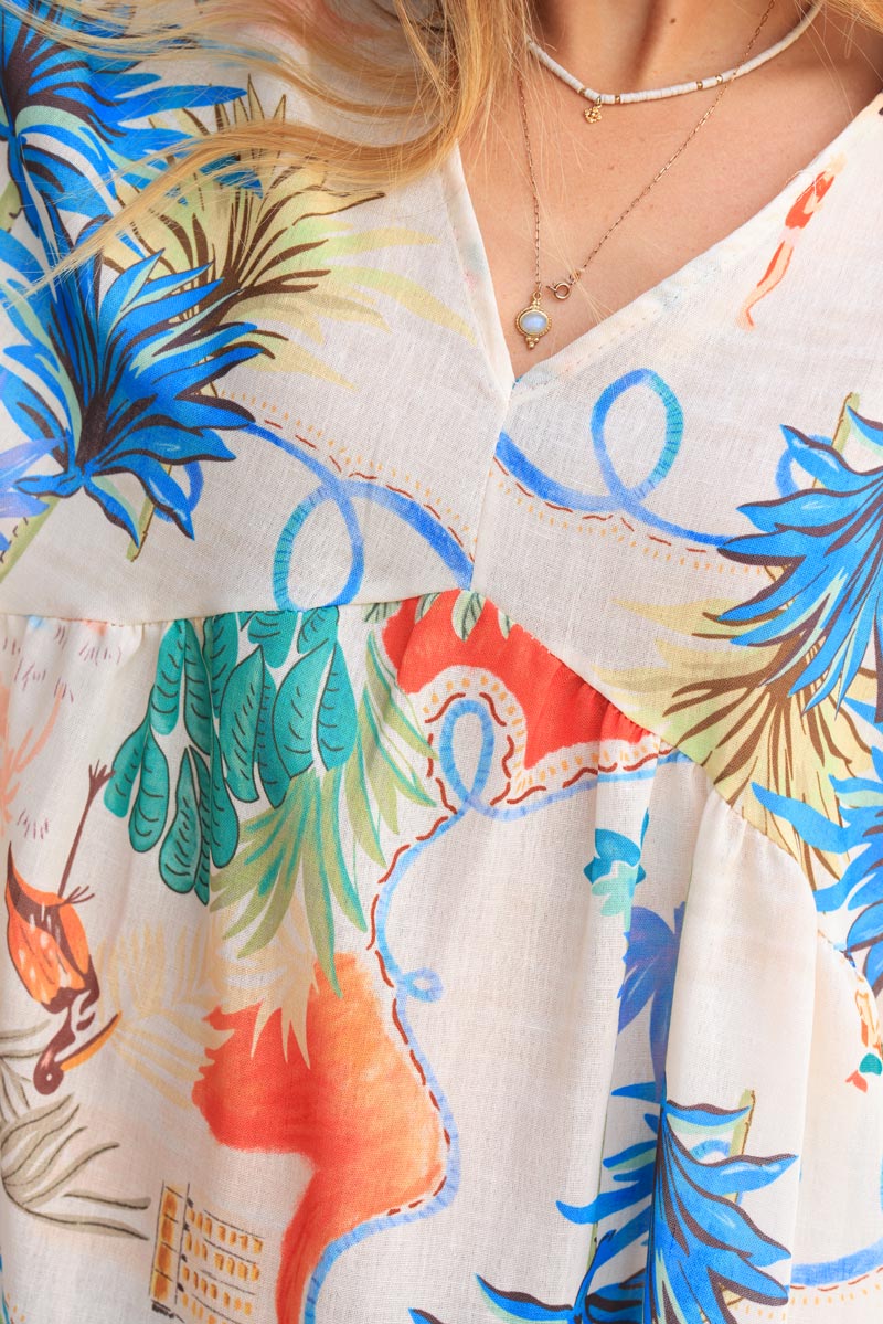 Robe en lin mélangé motifs colorés vacances d'été plage et palmiers