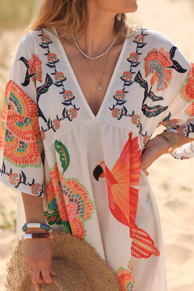 Robe en tissu style piqué imprimé perroquets et fleurs colorées