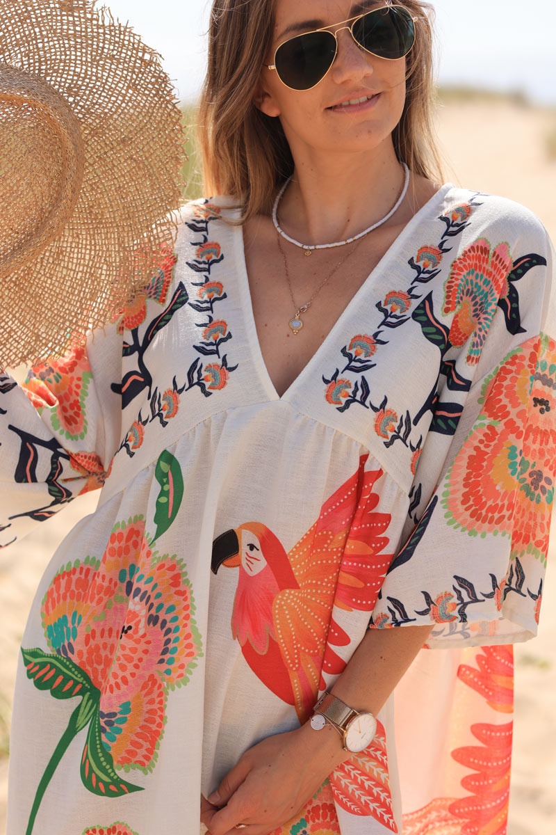 Robe en tissu style piqué imprimé perroquets et fleurs colorées