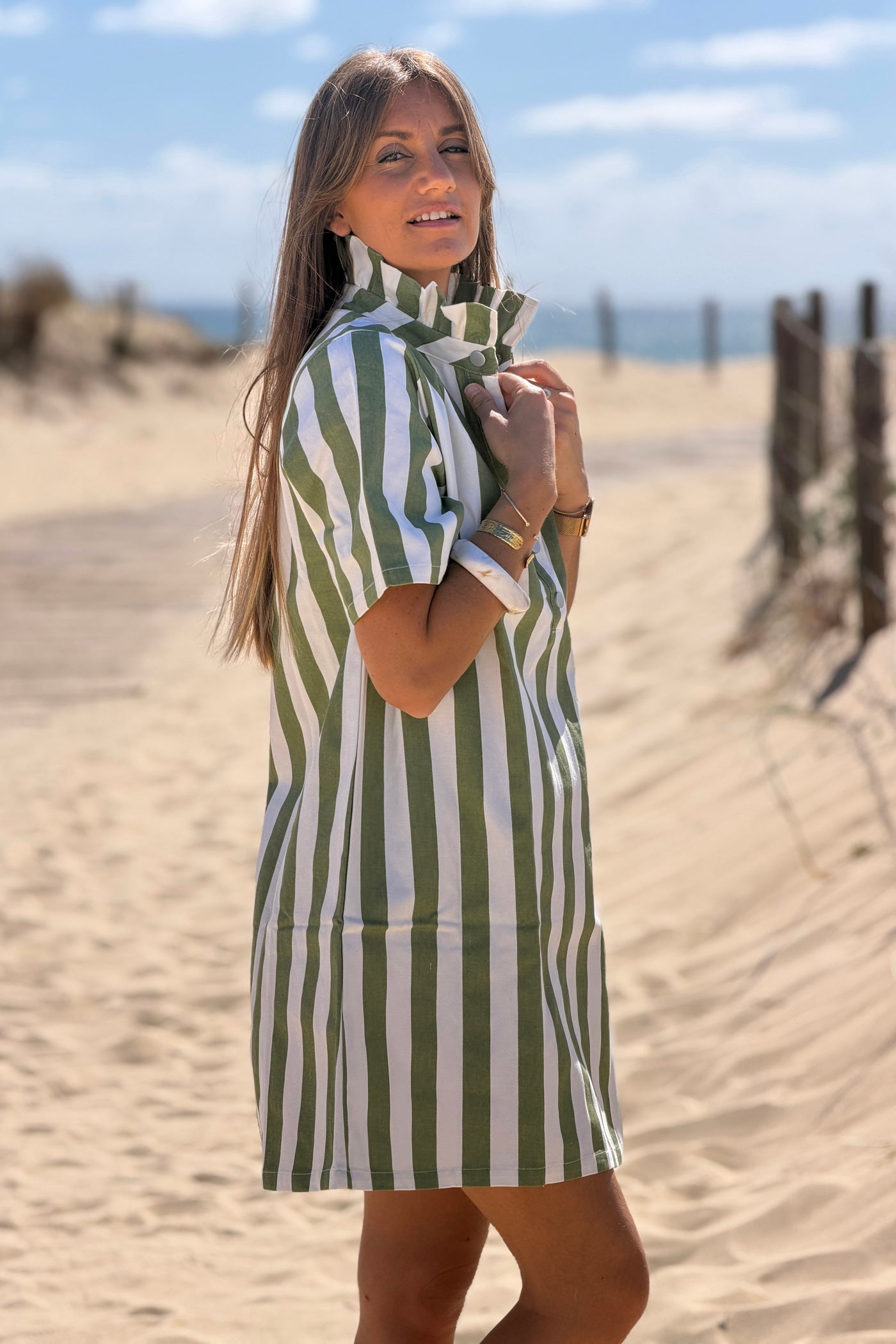Olive Stripe Ruffle Neck Blouse
