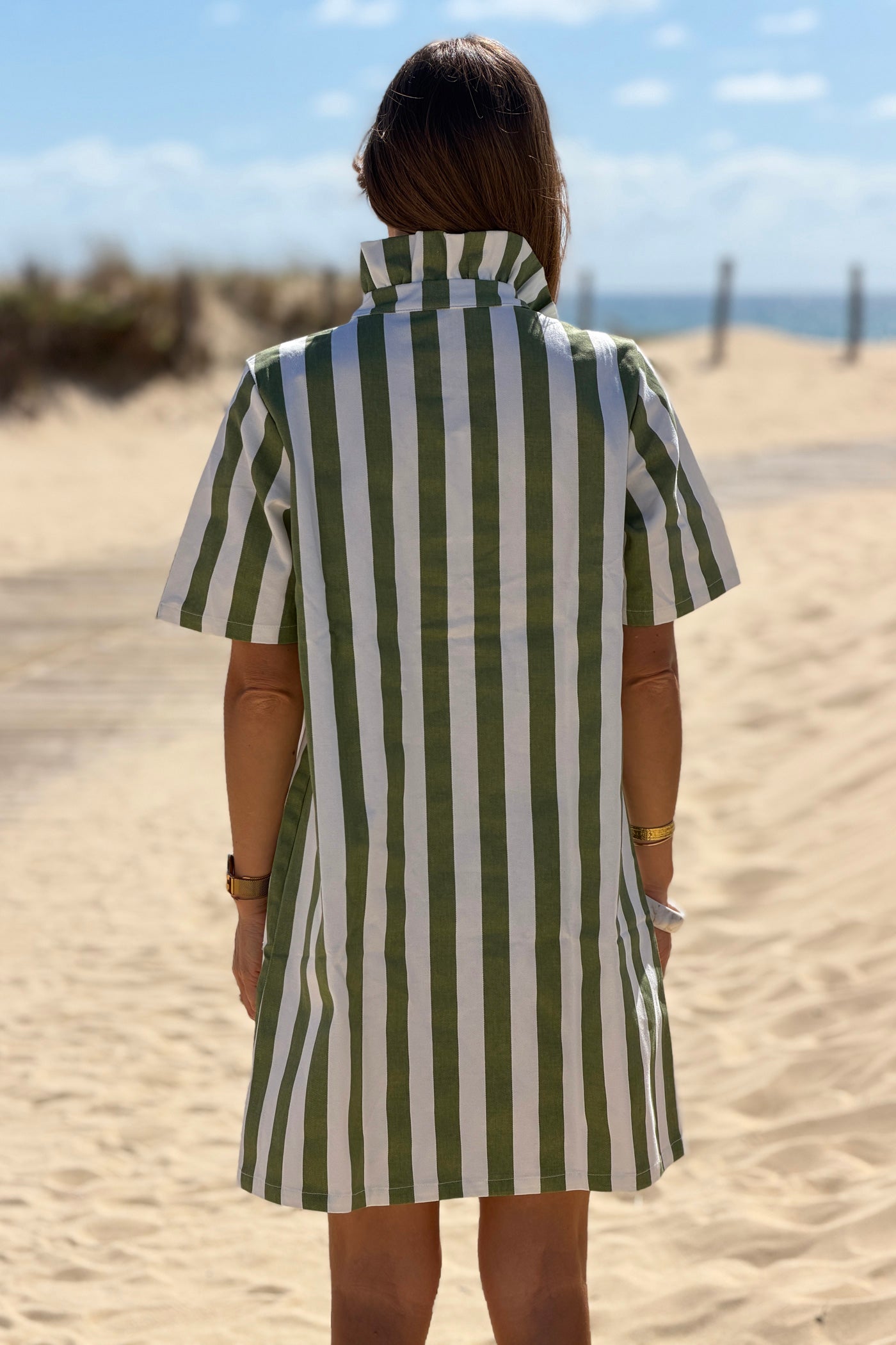 Olive Stripe Ruffle Neck Blouse
