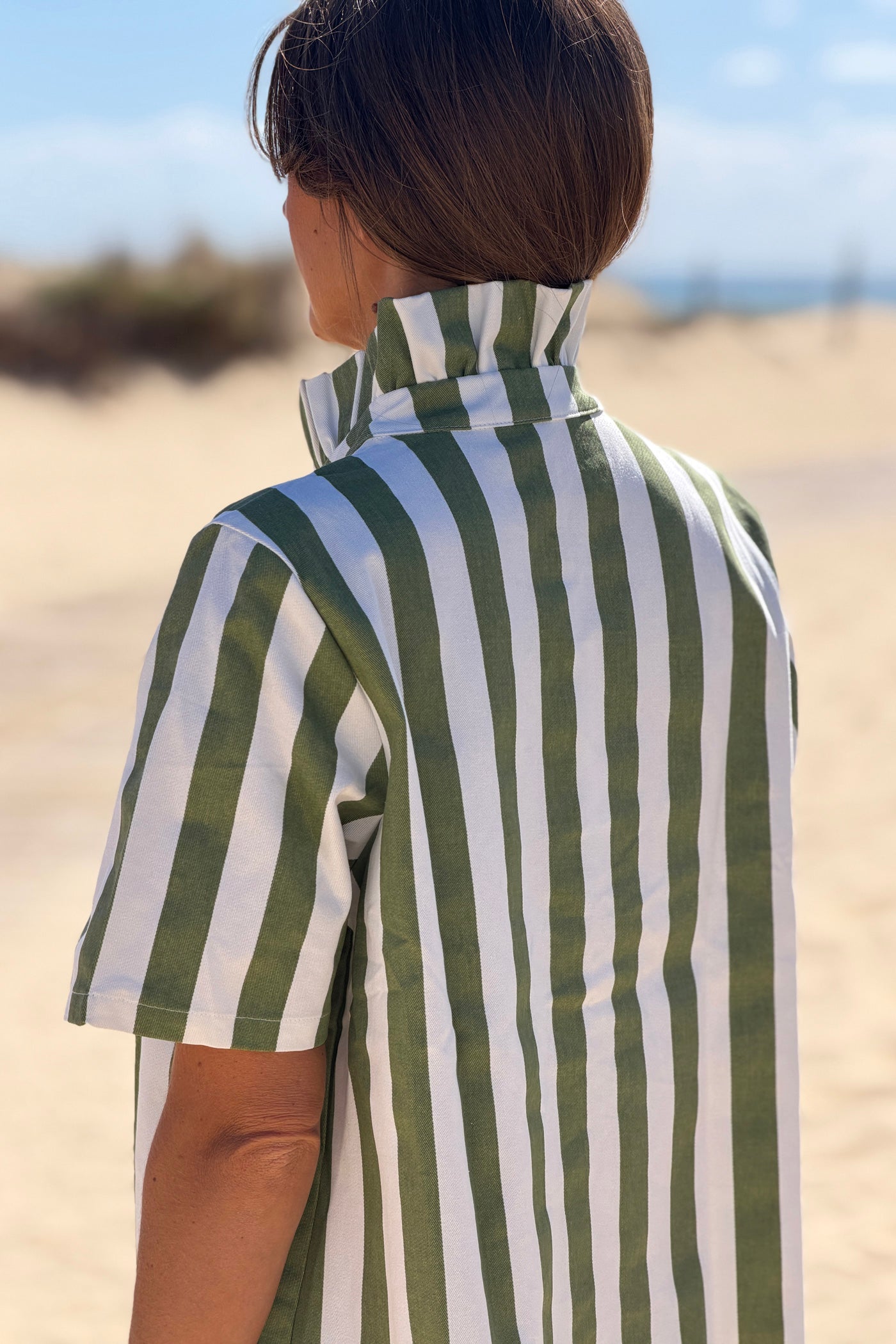 Olive Stripe Ruffle Neck Blouse
