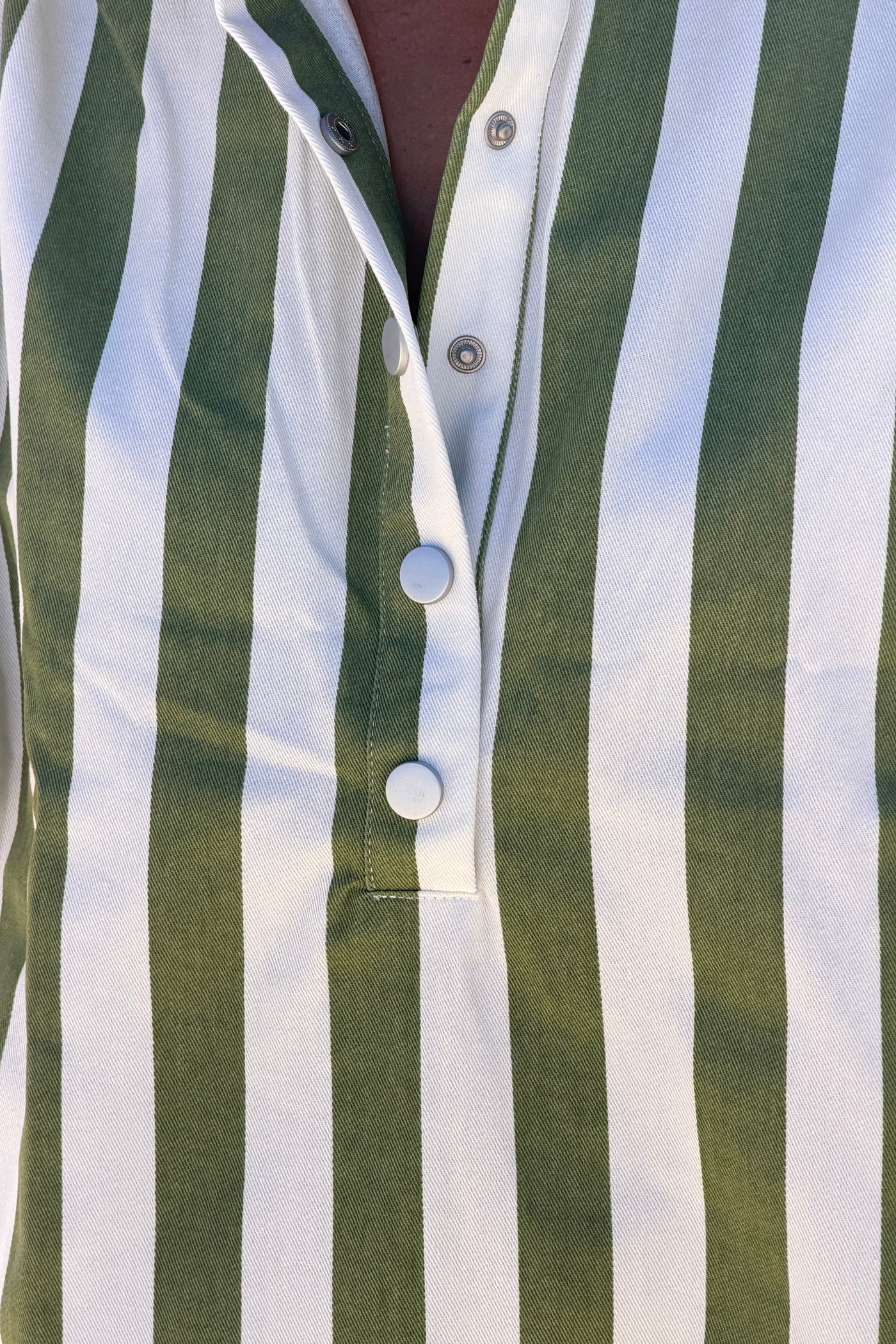 Olive Stripe Ruffle Neck Blouse
