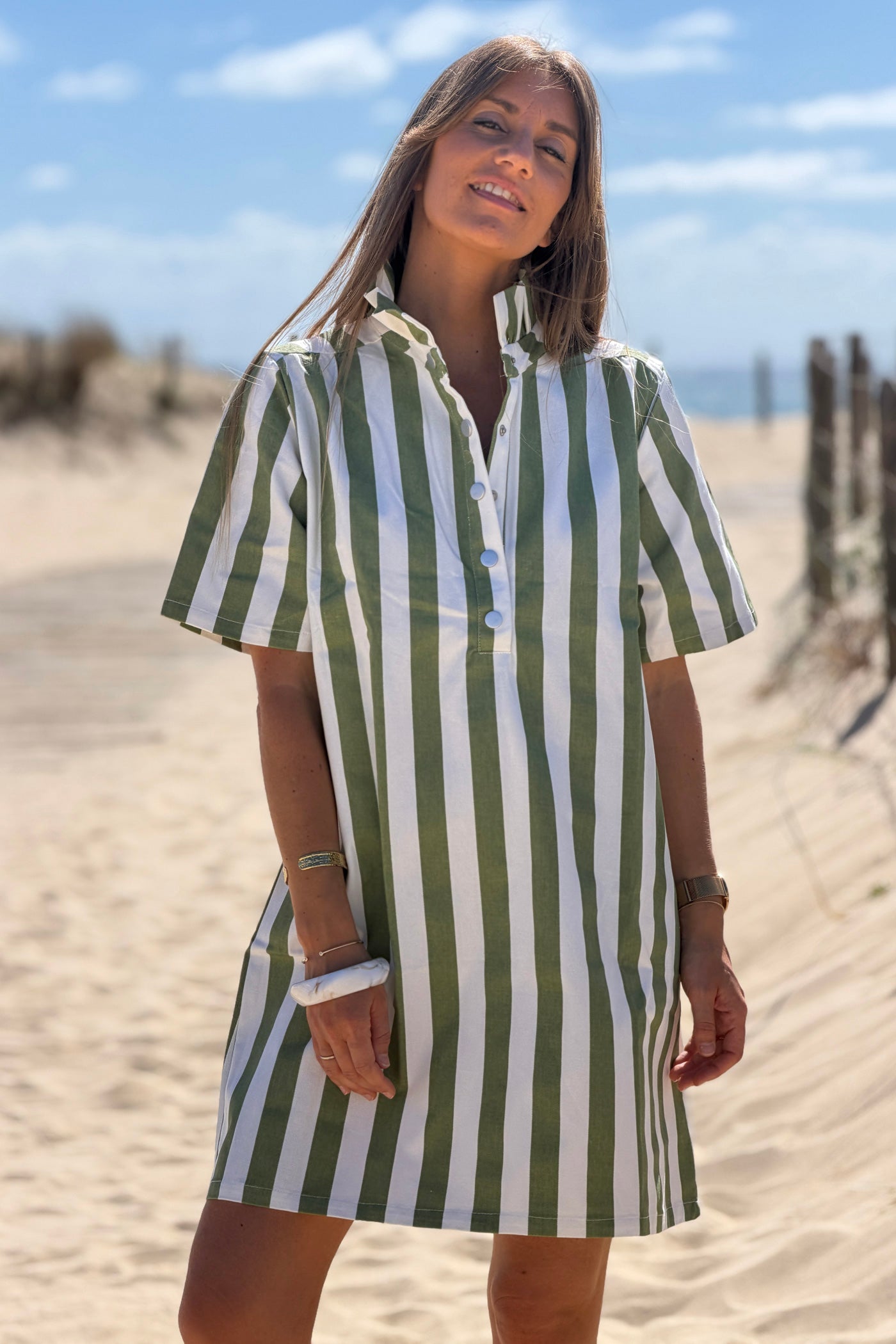 Olive Stripe Ruffle Neck Blouse
