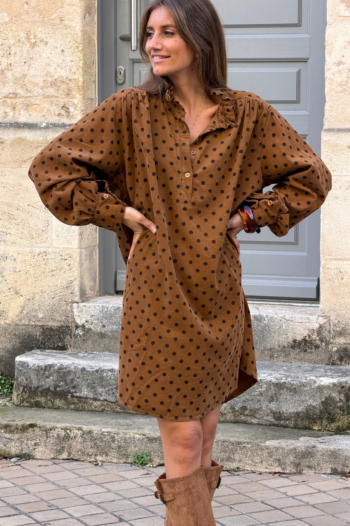 Camel Polka Dot Corduroy Dress