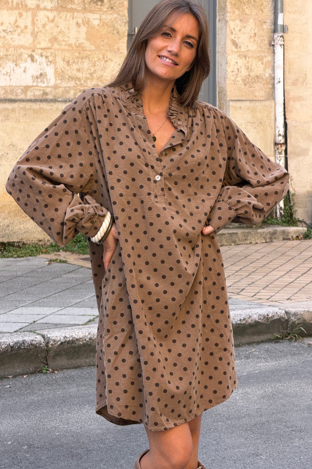 Taupe Polka Dot Corduroy Dress