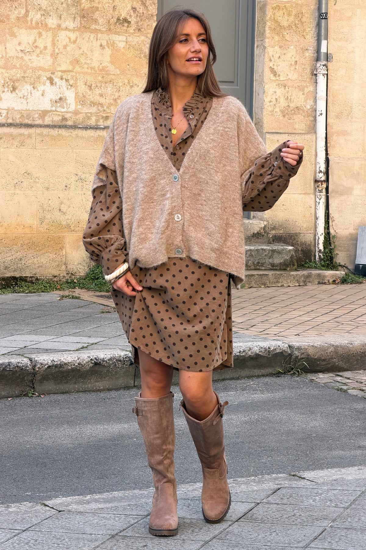 Taupe Polka Dot Corduroy Dress