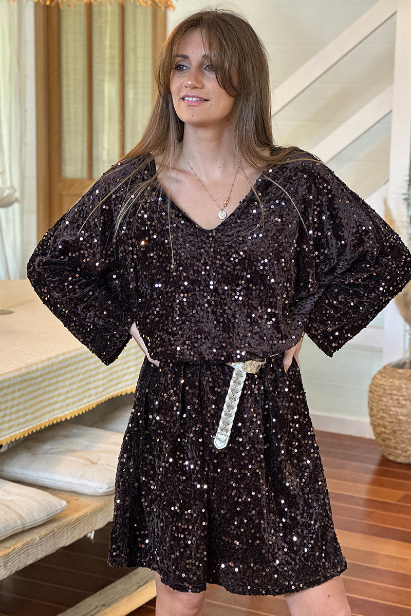 Chocolate Brown Sequin Draped Dress with Metallic Woven Belt