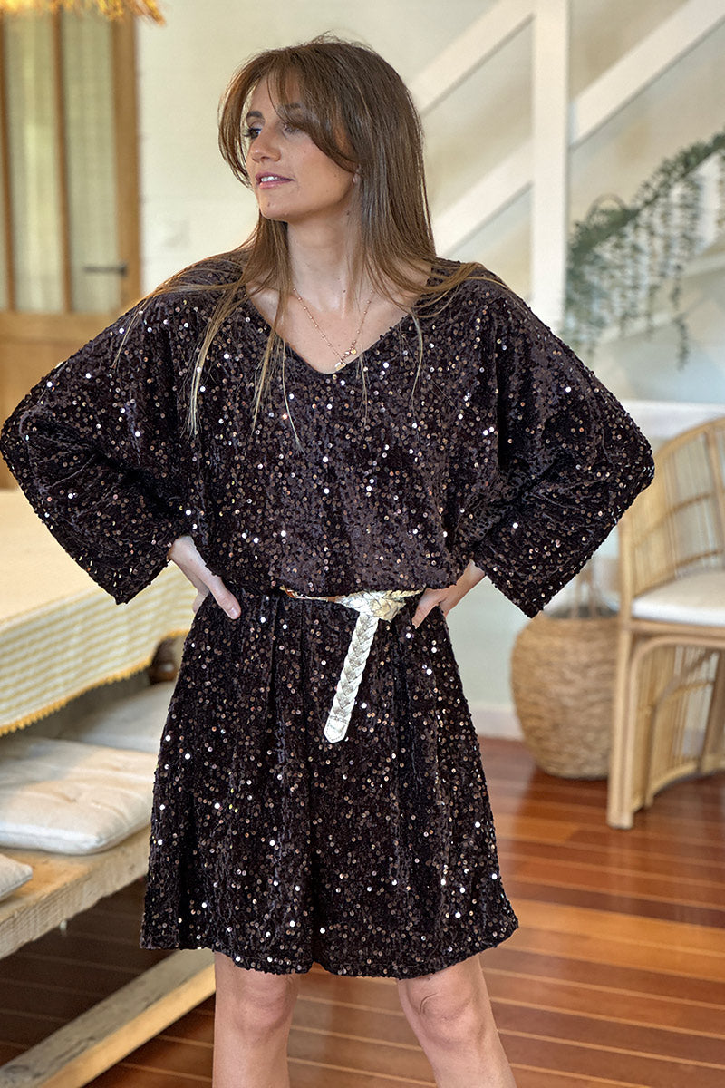 Chocolate Brown Sequin Draped Dress with Metallic Woven Belt