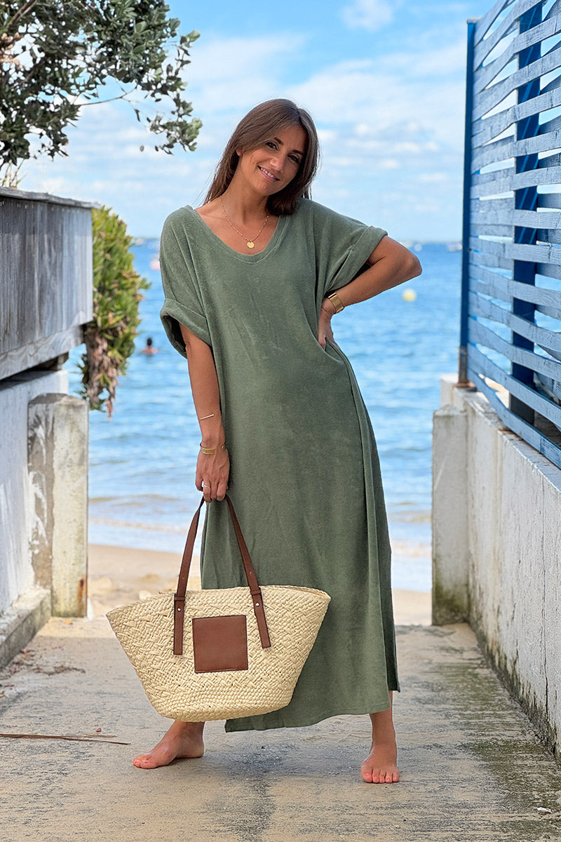 Olive Brushed Terry V-Neck Maxi Dress