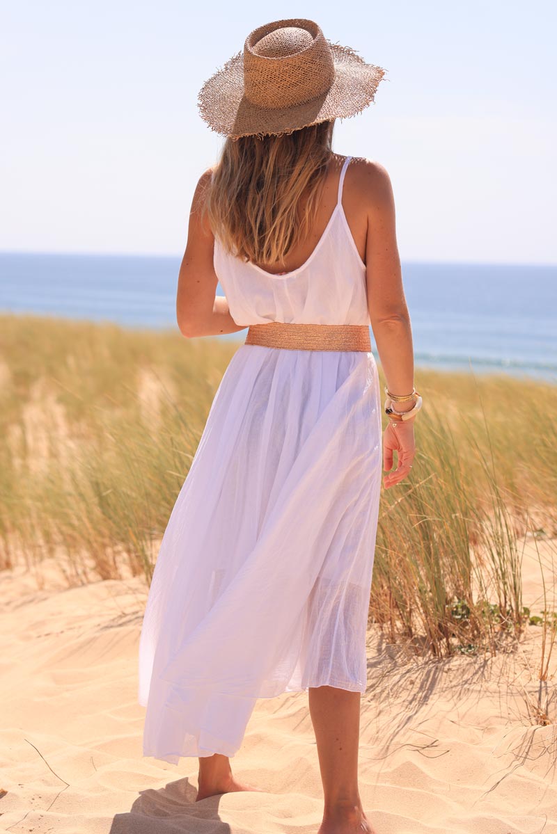 Vestido midi evasé blanco forrado con tirantes de algodón