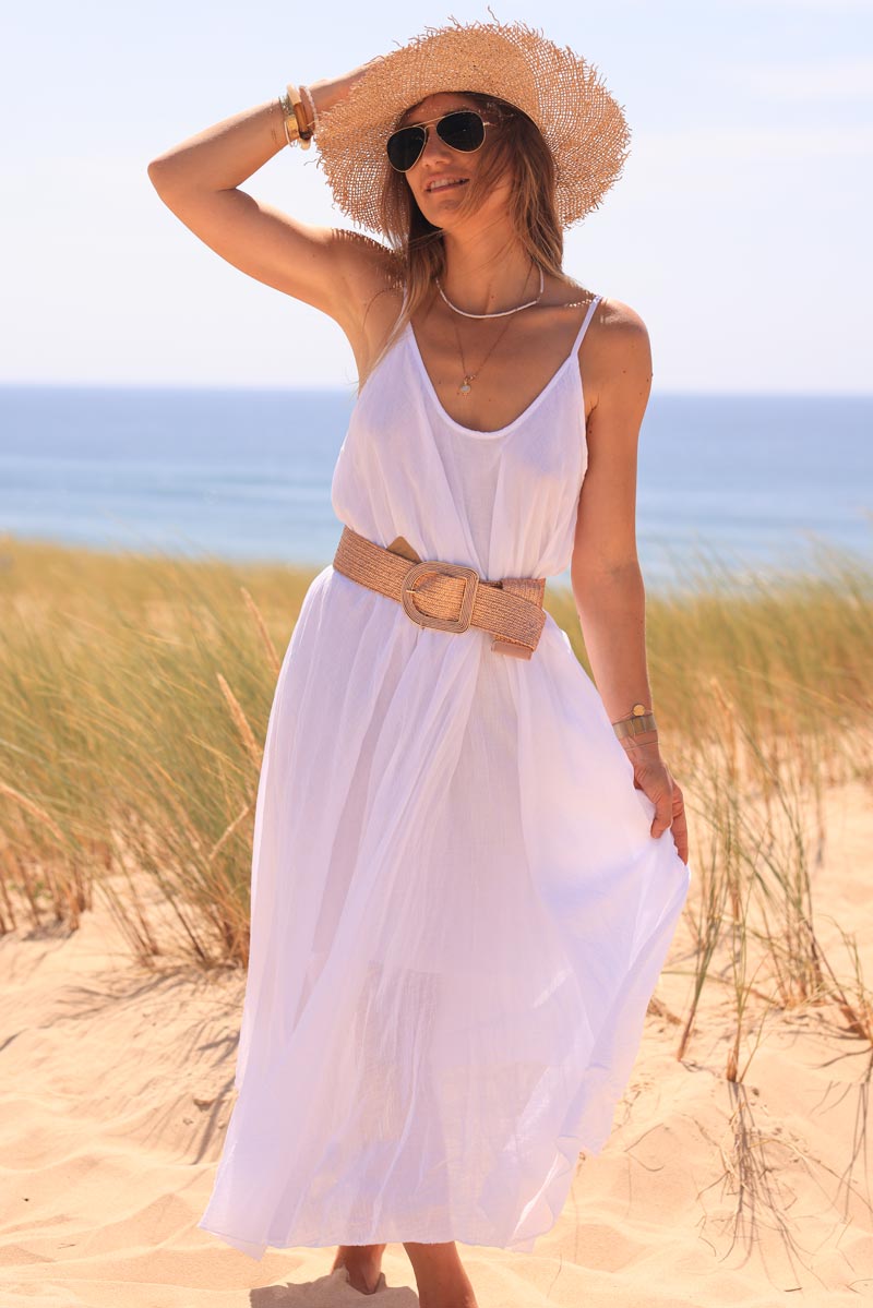 Vestido midi evasé blanco forrado con tirantes de algodón