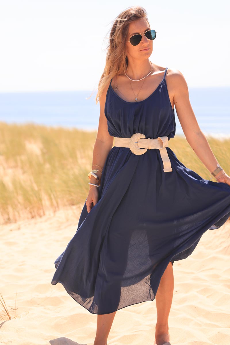 Navy blue flared strappy cotton midi dress