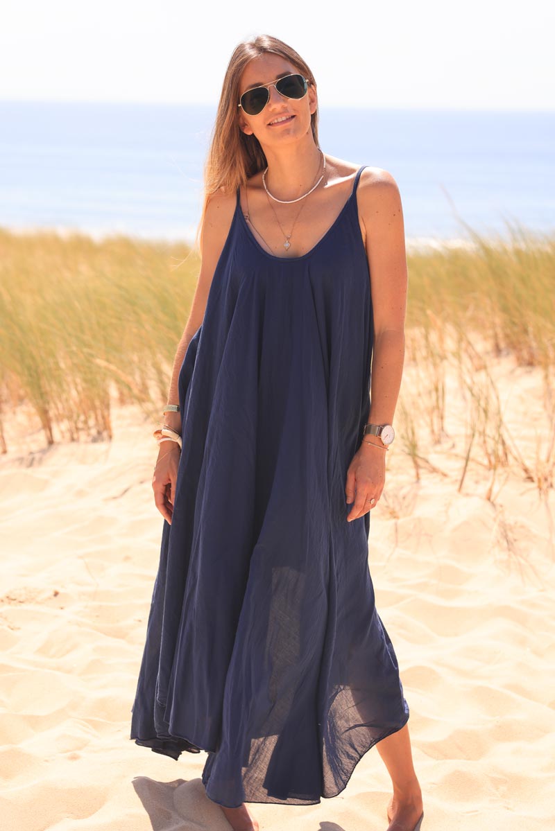 Robe évasée mi longue bleu marine doublée à bretelles en coton