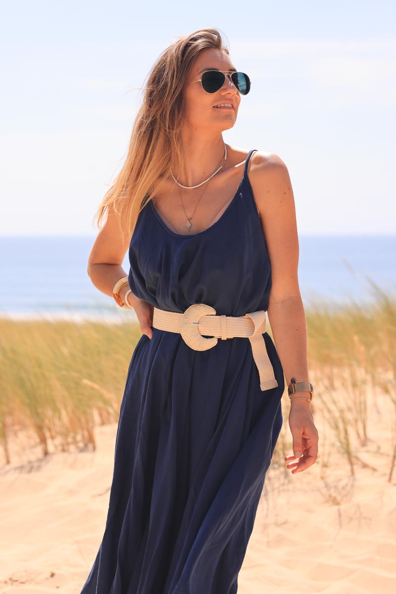 Navy blue flared strappy cotton midi dress