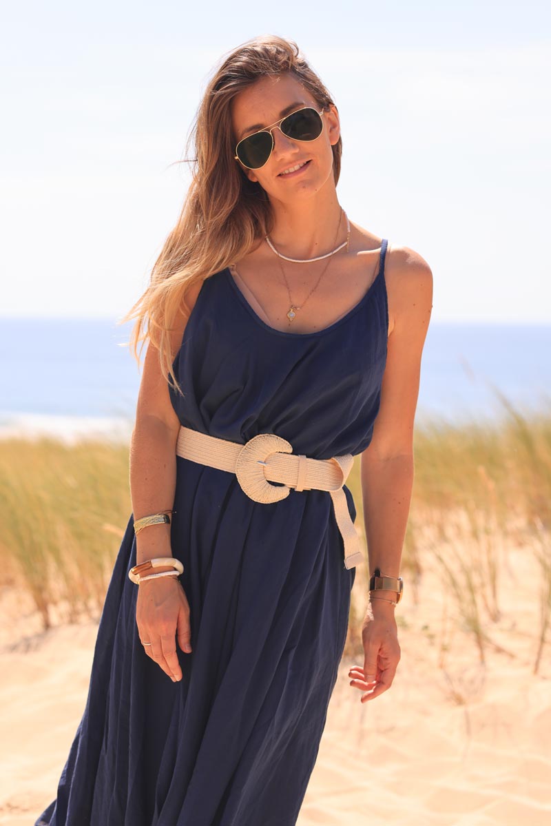 Navy blue flared strappy cotton midi dress