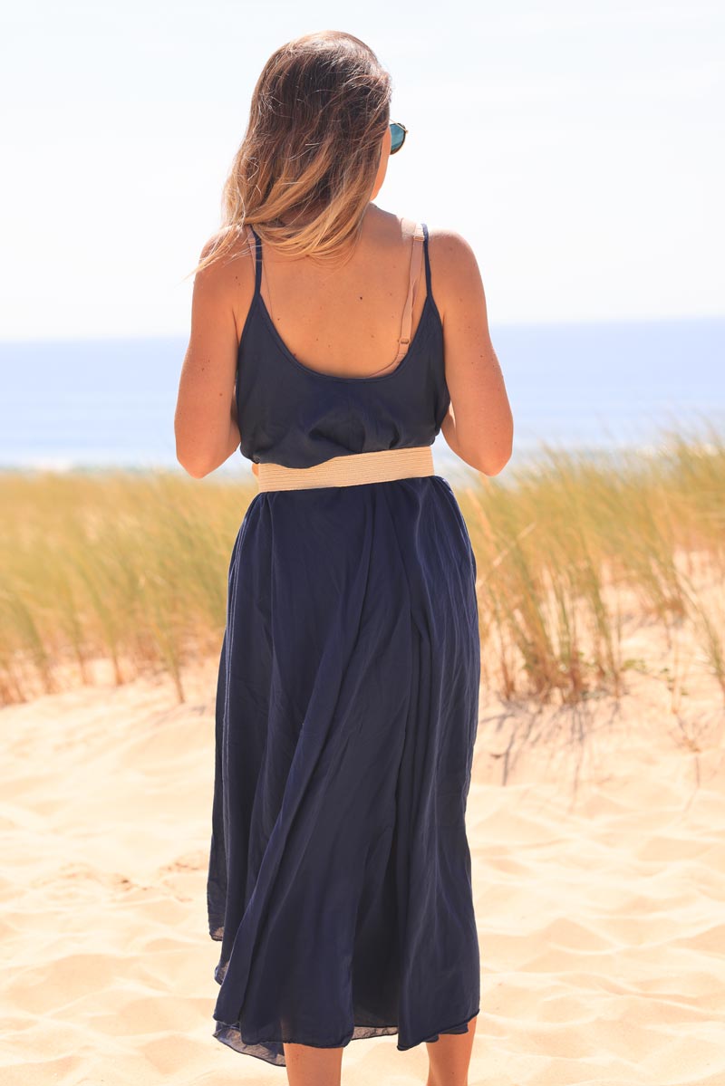 Robe évasée mi longue bleu marine doublée à bretelles en coton