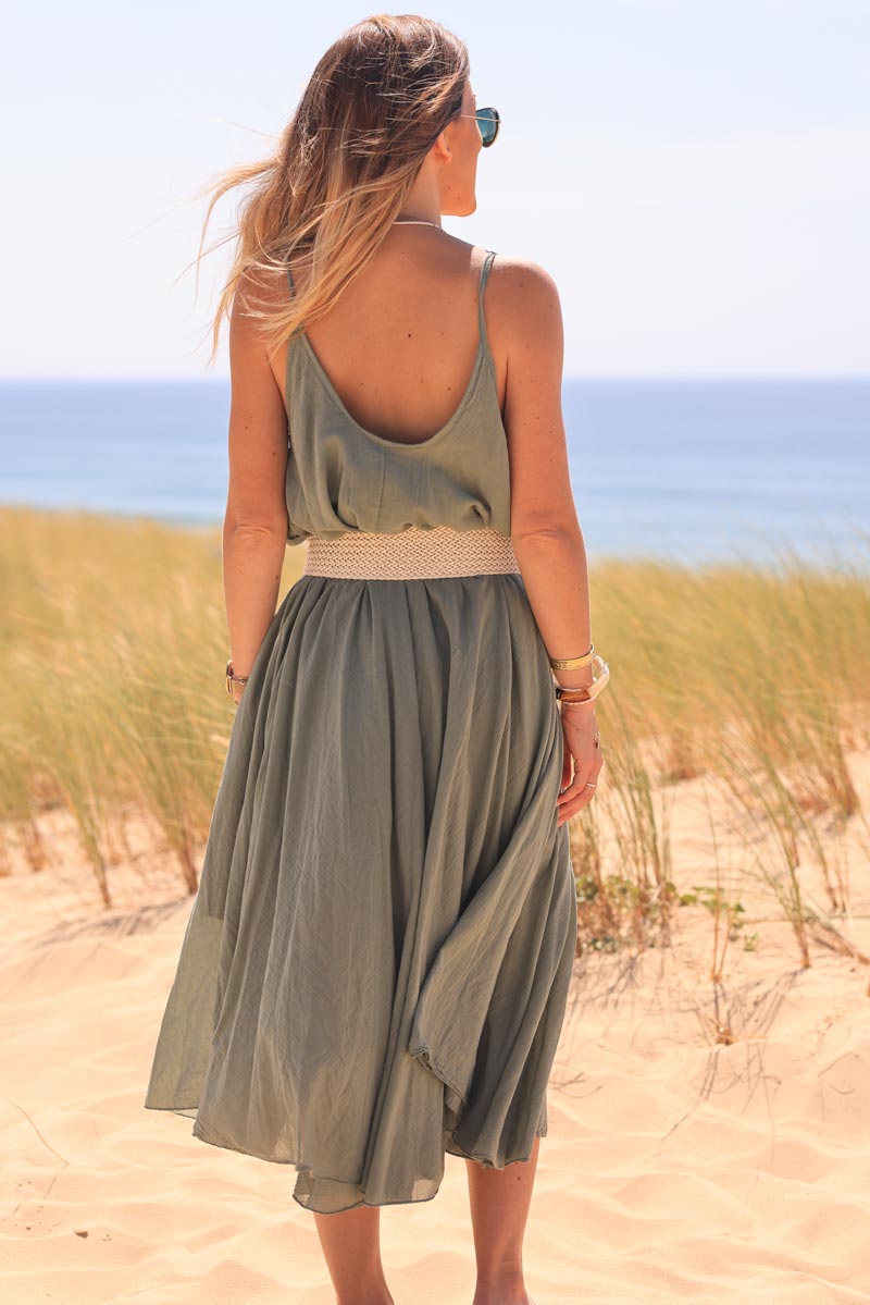 Khaki flared strappy cotton midi dress