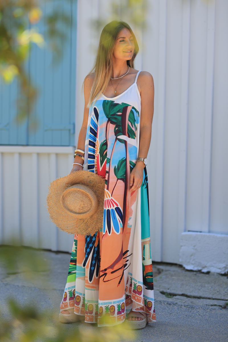 White floaty strappy maxi dress with parrot and beach print