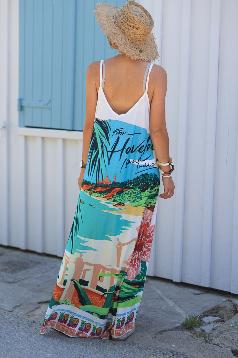 White floaty strappy maxi dress with parrot and beach print