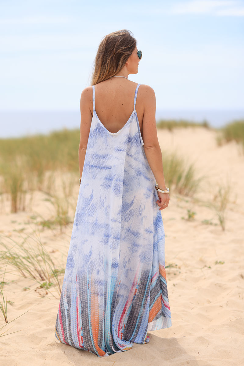 Blue floaty strappy maxi dress with palm tree and pineapple print