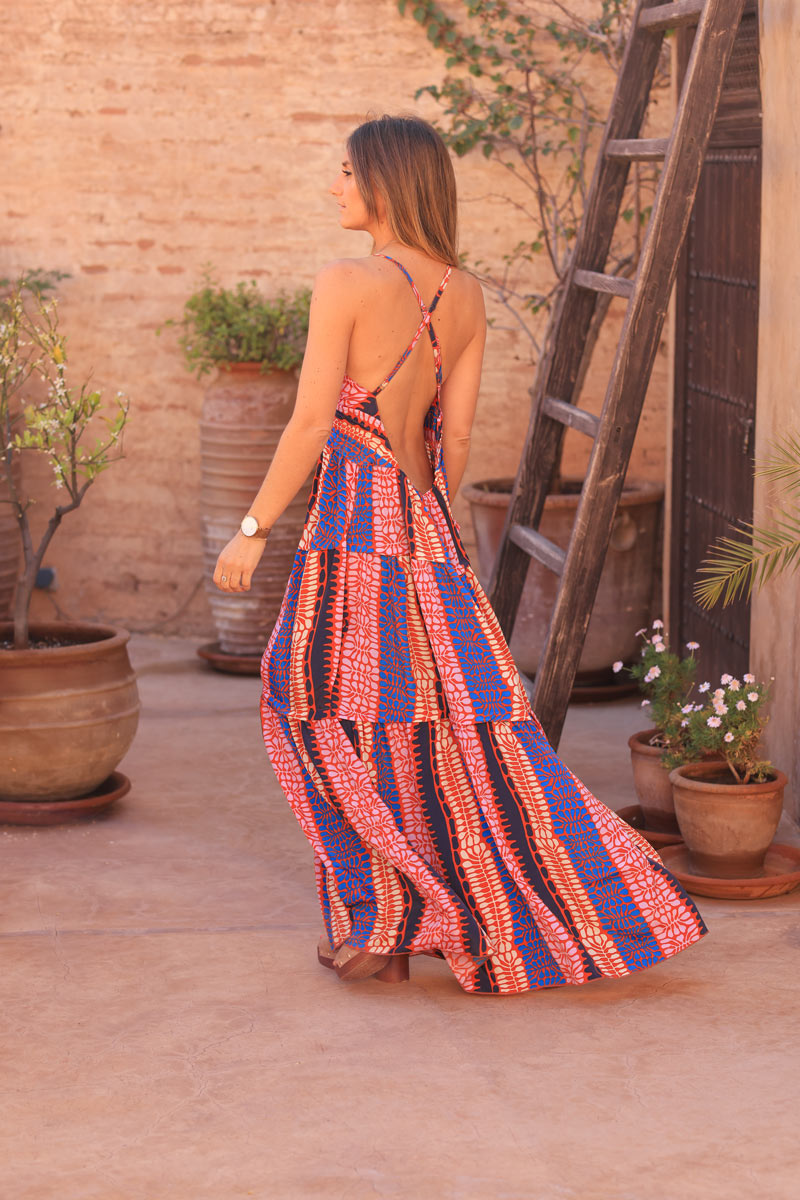 Floaty maxi dress with cross back straps and sixties print