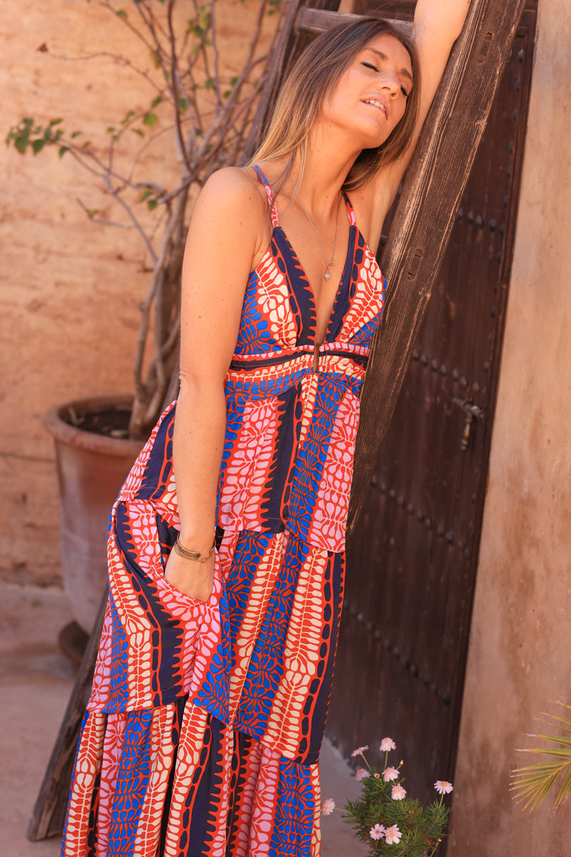 Floaty maxi dress with cross back straps and sixties print
