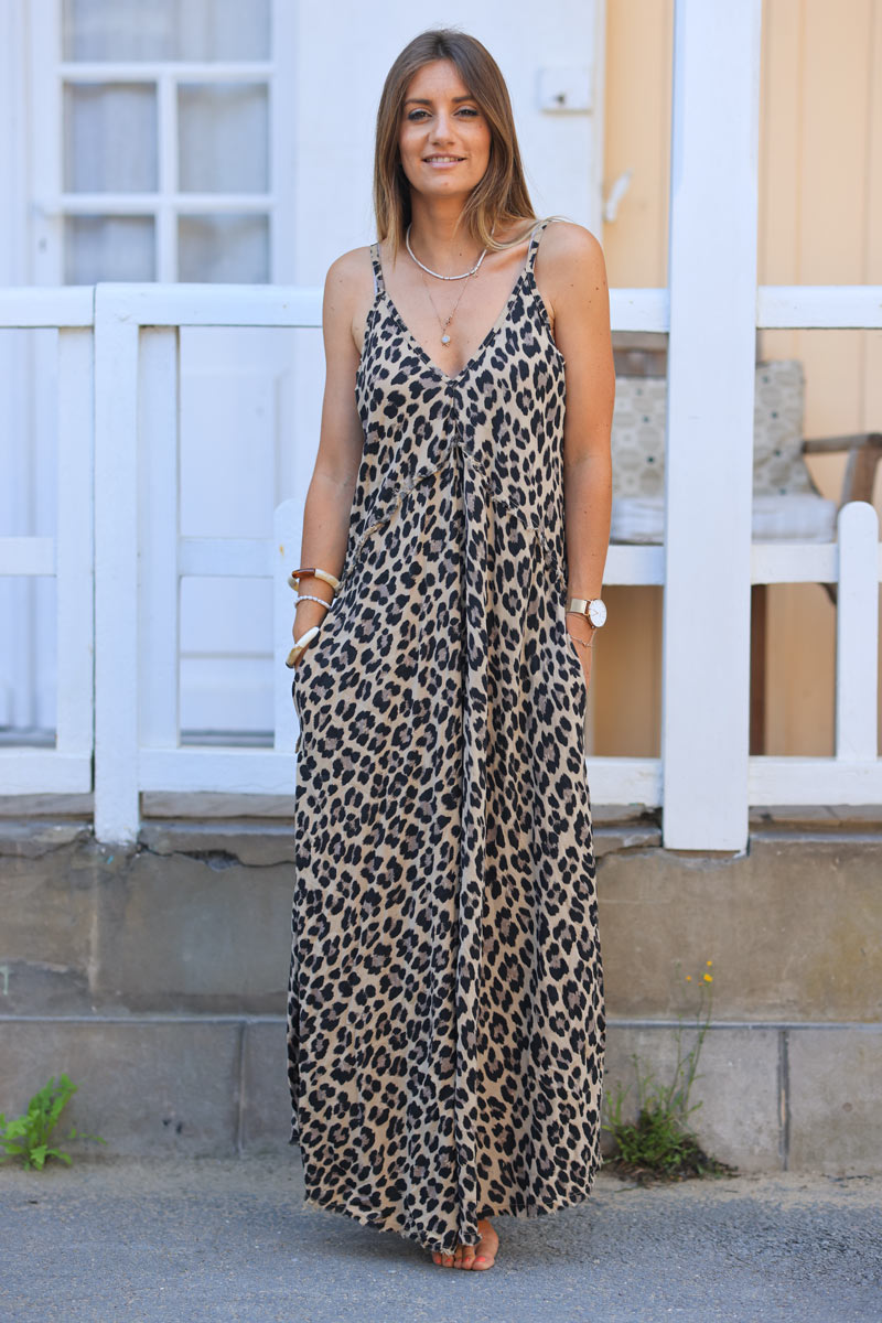 Leopard print floaty strappy dress with raw frayed hem and pockets