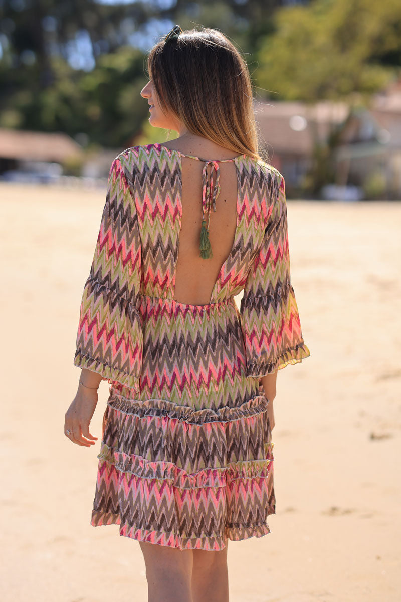 Floaty backless dress with batwing sleeves and chevron print Horizons Lointains