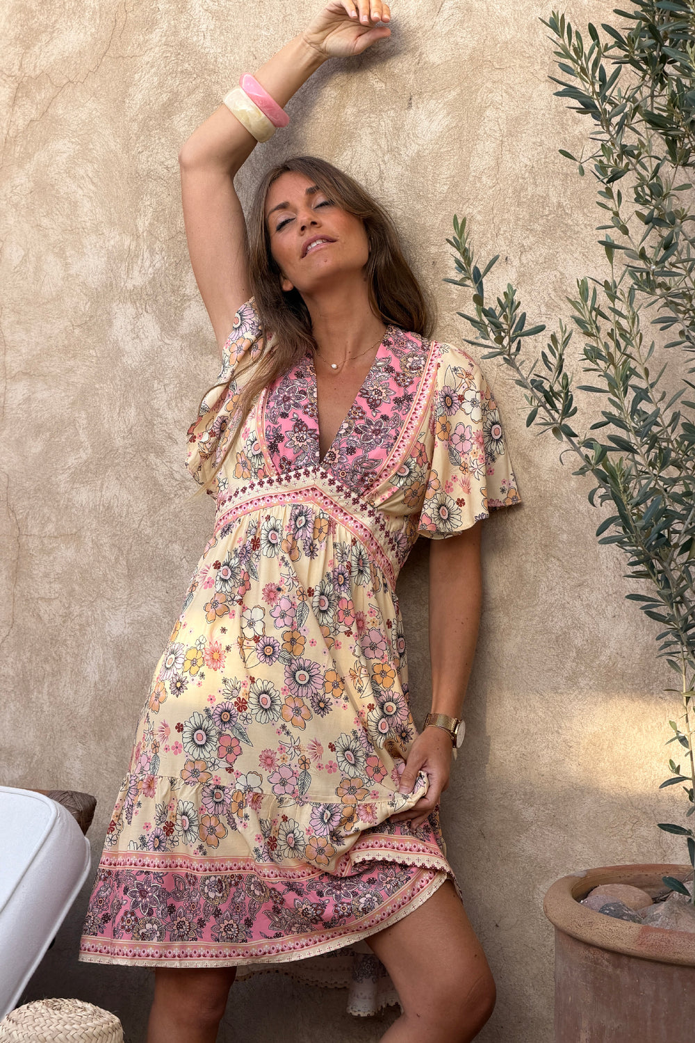 Robe fluide doublée beige imprime fleurs rose - Horizons Lointains