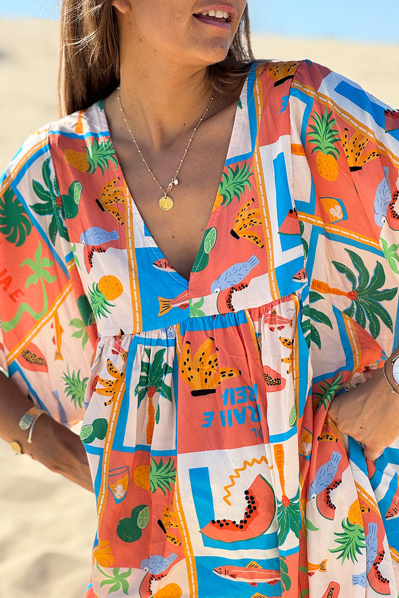Coral Tropical Block V-Neck Dress
