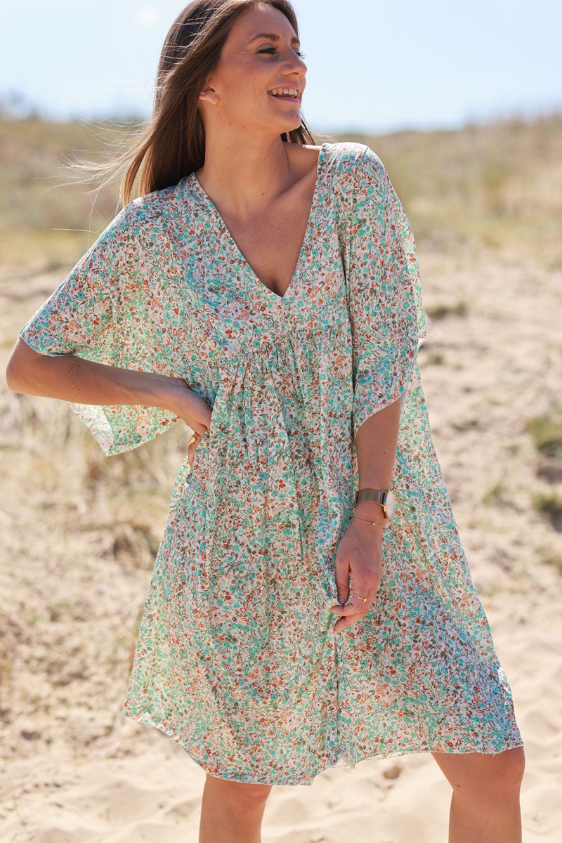 Turquoise Liberty Print Flowing Smock Dress Jeanne