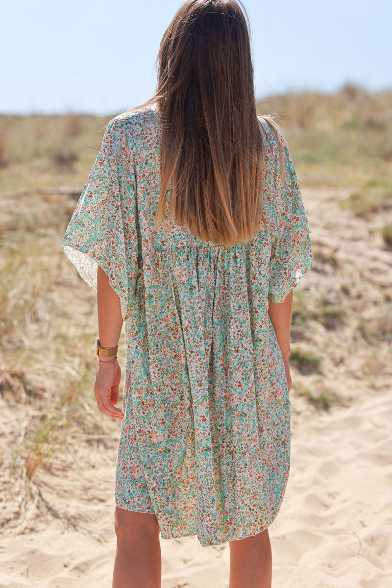 Turquoise Liberty Print Flowing Smock Dress Jeanne