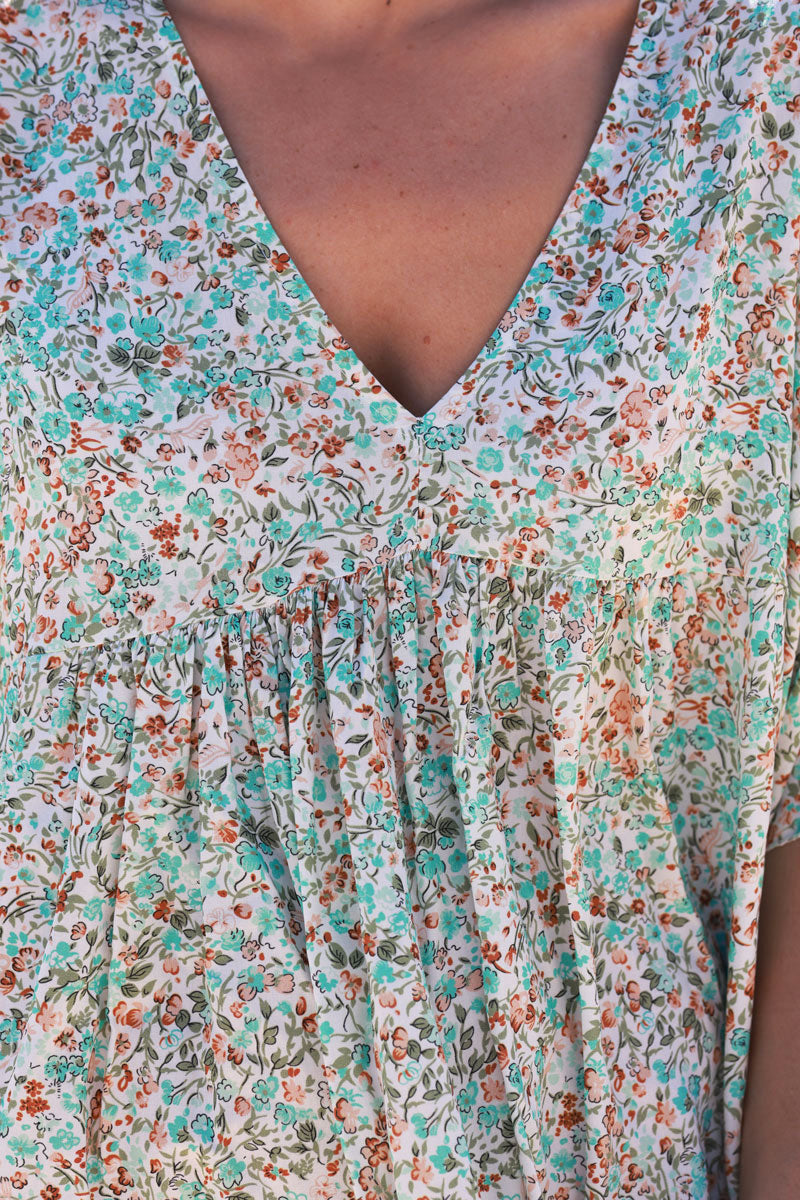 Turquoise Liberty Print Flowing Smock Dress Jeanne