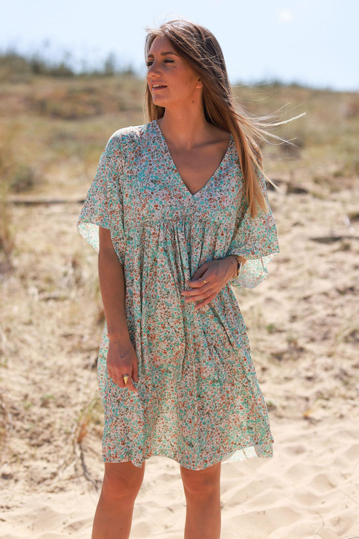 Robe Per Una Turquoise à Fleurs - Bleu Marine, Jaune, Blanc - Taille 12 | Style Empire, Manches Courtes